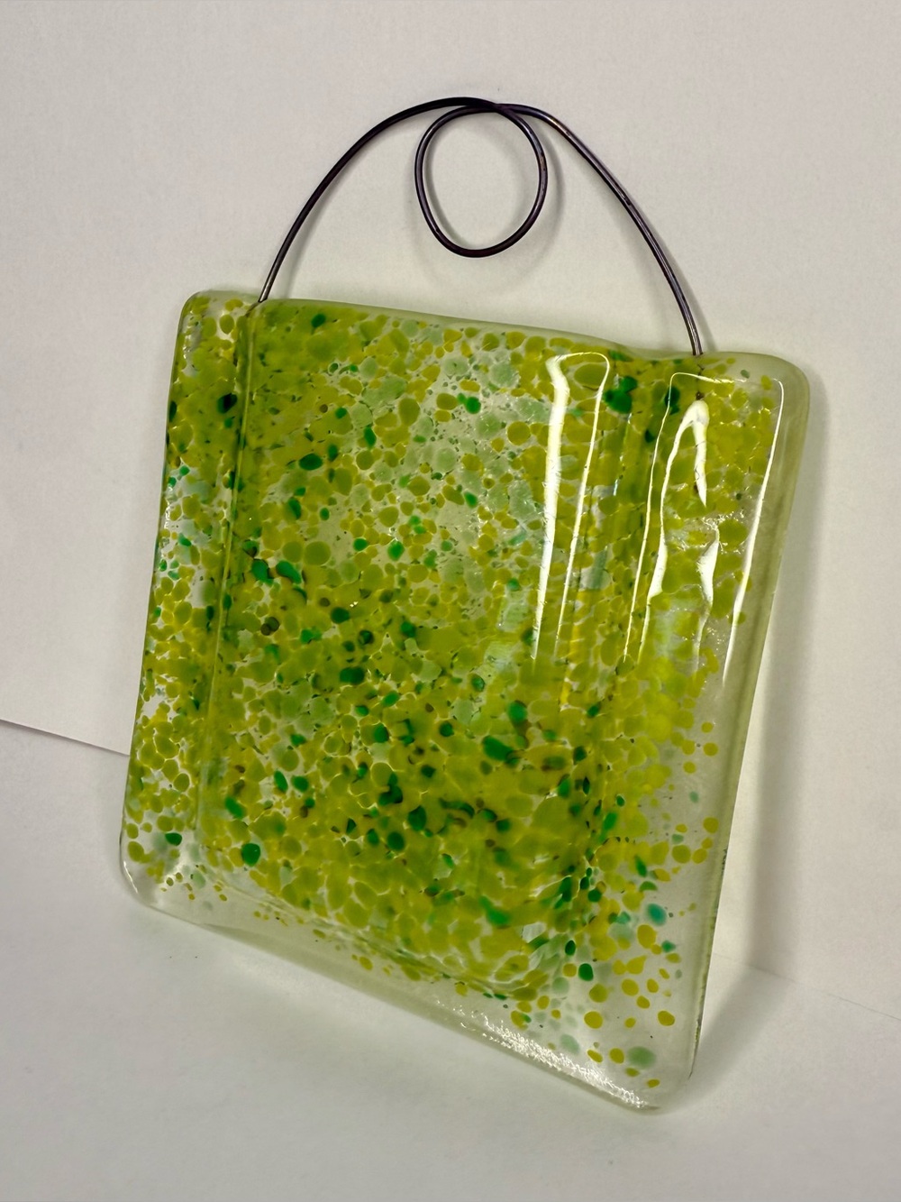 Fused Glass Wall Pocket Vase Green Speckle Hanging Glass Bud Vase Handmade